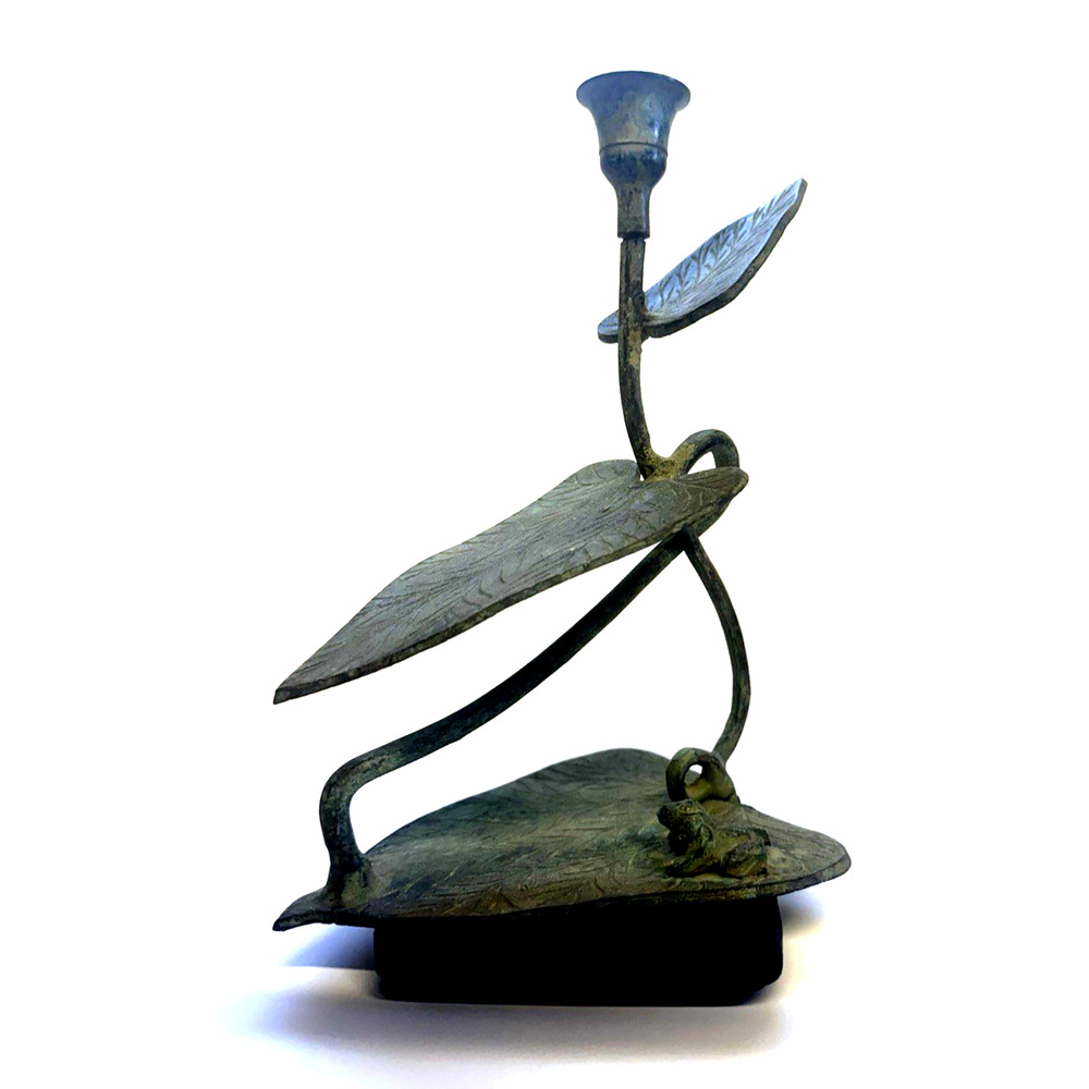 8.5" Bronze w/Patina Candlestick Holder with Leaves and Frog Detail-India Made